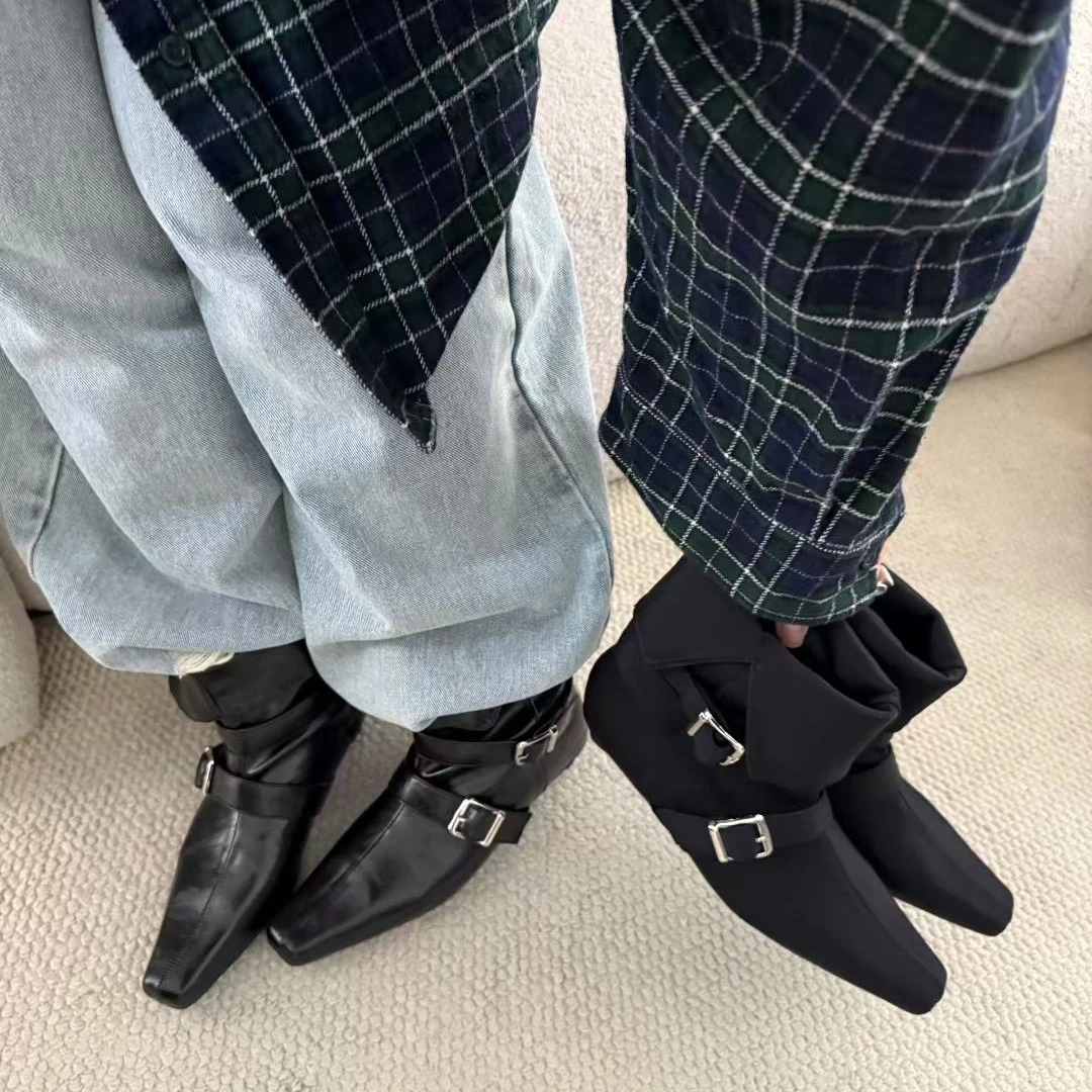 复古机车靴短筒方头翻领两穿短靴2025秋冬新款软皮马丁靴西部靴女