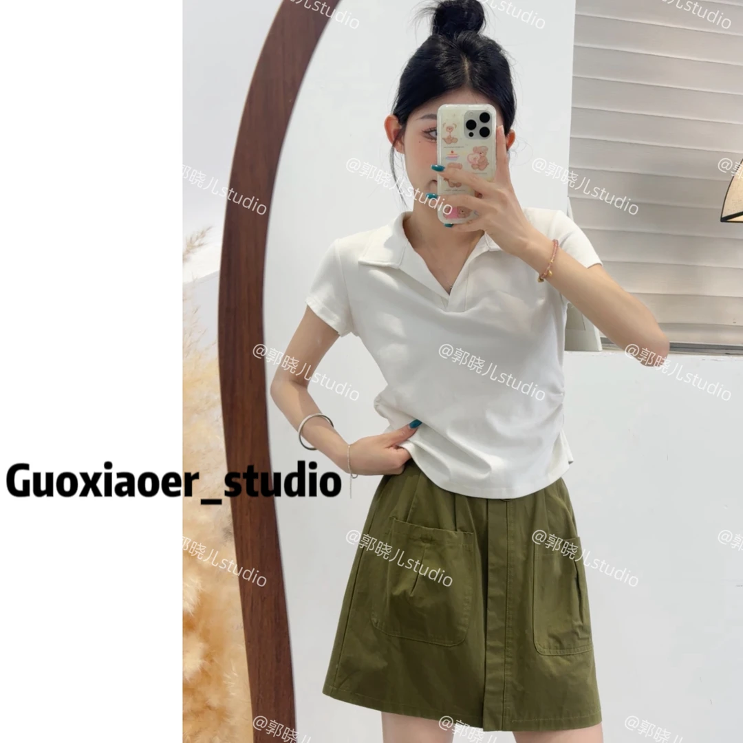 【时尚套装】POLO领纯色轻职风短袖褶皱T恤显瘦简约百搭夏季休闲