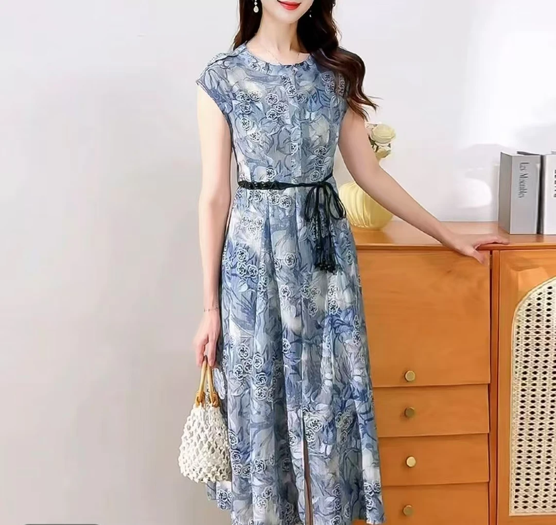 F176 时尚印花连衣裙2025新款气质减龄女神范遮肚子显瘦开叉洋气