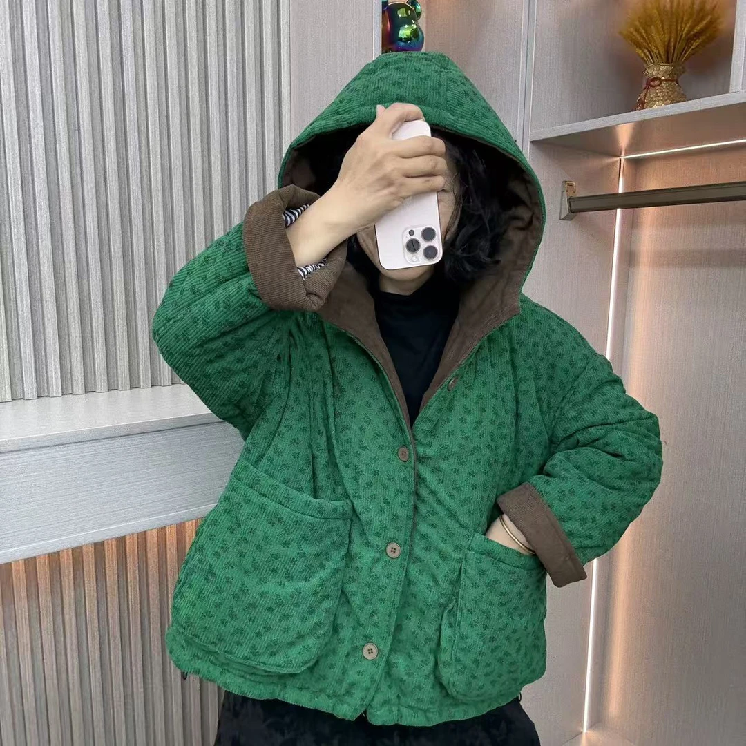 新款灯芯绒碎花连帽大口袋宽松加厚保暖棉衣外套冬季【加绒加棉】