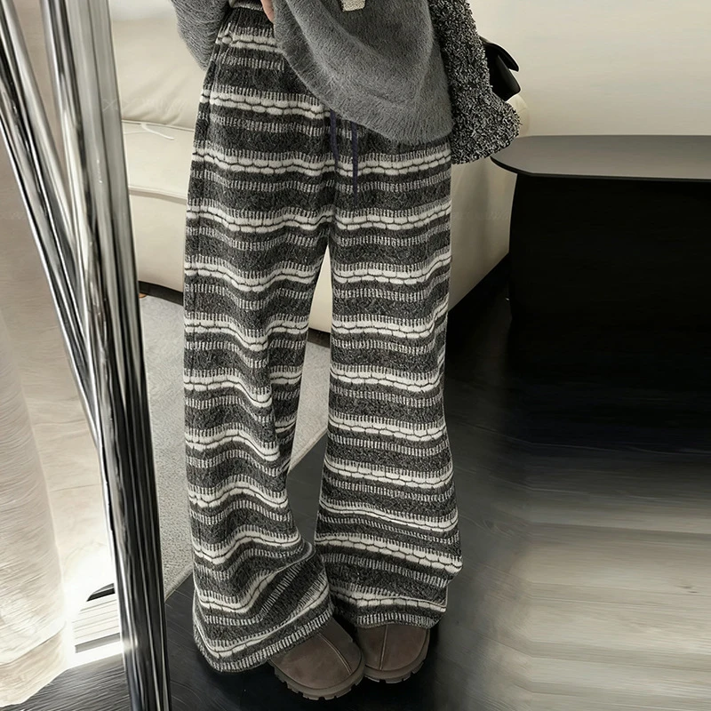 复古民族风加绒条纹裤女冬季2025新款慵懒风加厚小个子直筒阔腿裤