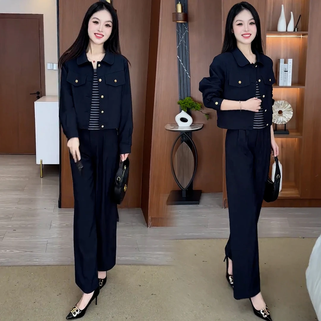 时尚气质牛仔套装女2025秋季新款洋气显瘦减龄百搭短款外套阔腿裤