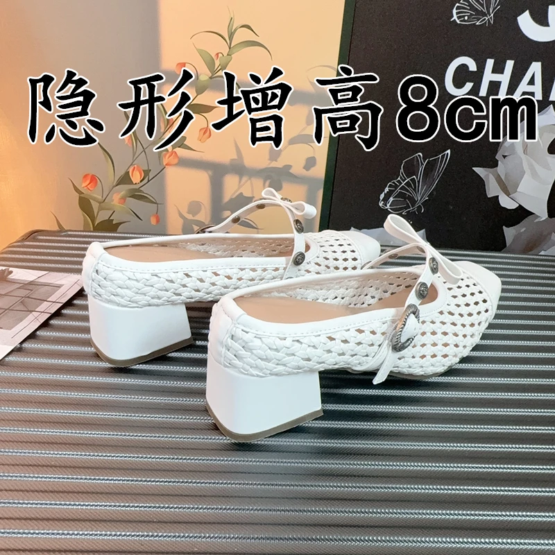 一脚蹬懒人玛丽珍凉拖鞋女编织镂空透气高跟凉拖外穿内增高穆勒鞋