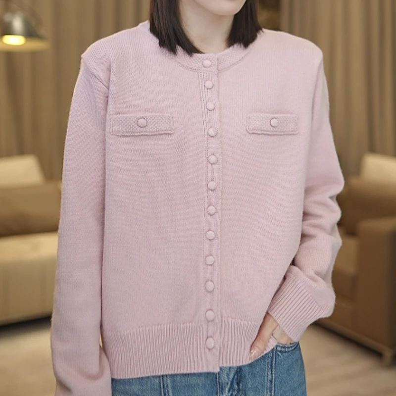 193085春季新款圆领设计款纽扣女装针织衫开衫