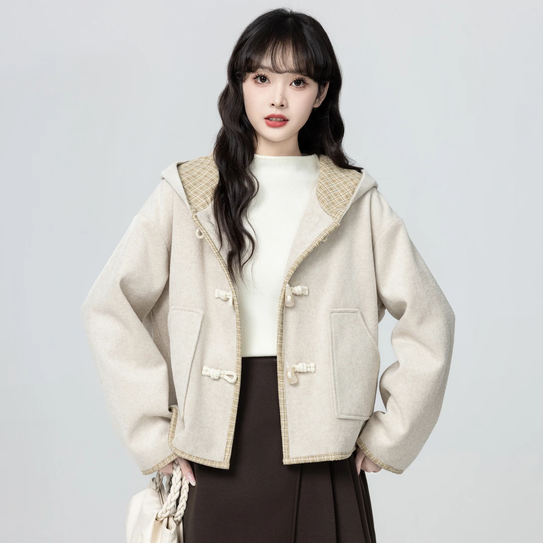 燕麦色连帽毛呢外套女秋冬2025冬季新款宽松呢子大衣开衫短款上衣