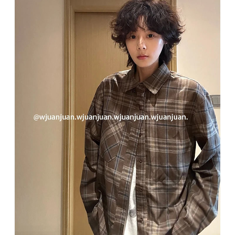 『WJUANJUAN』 美式复古格子衬衫男女情侣慵懒中性休闲宽松衬衫外套