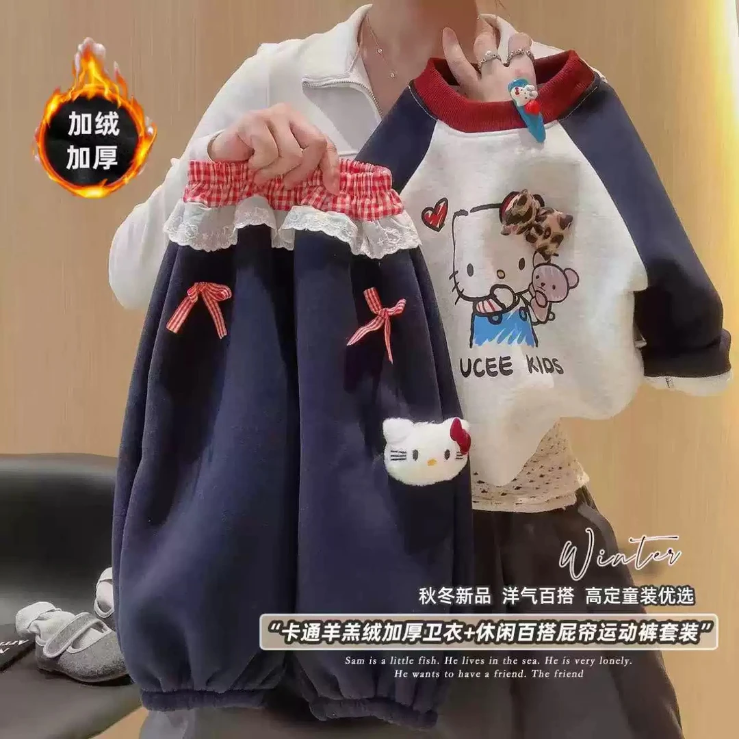 秋冬新款加绒加厚女童韩版卫衣套装休闲百搭韩版两件套