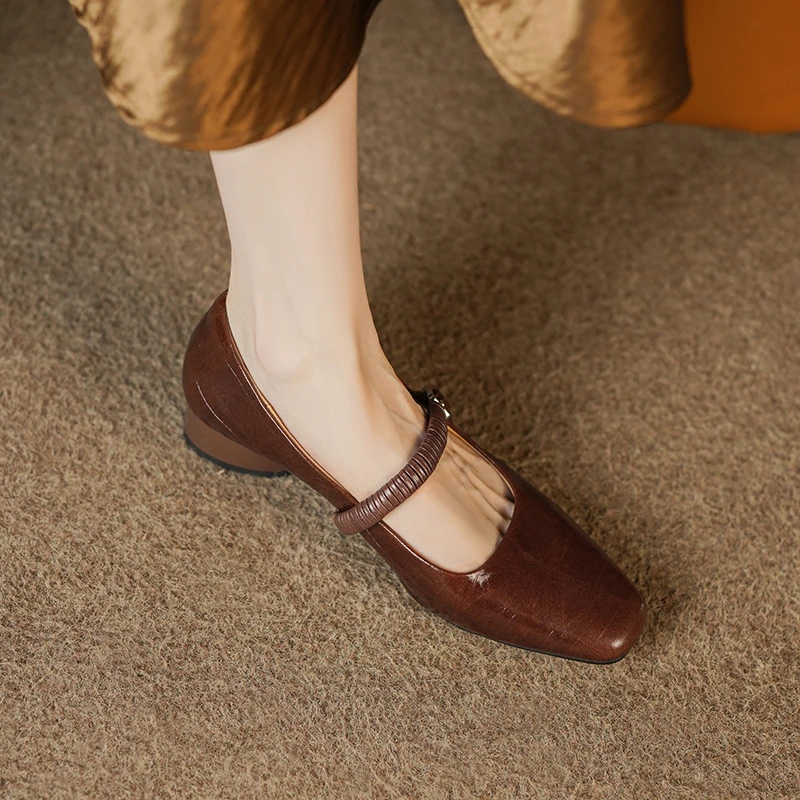 3cm/羊皮/粗跟单鞋女真皮法式轻复古方头一字带浅口百搭鞋子女40