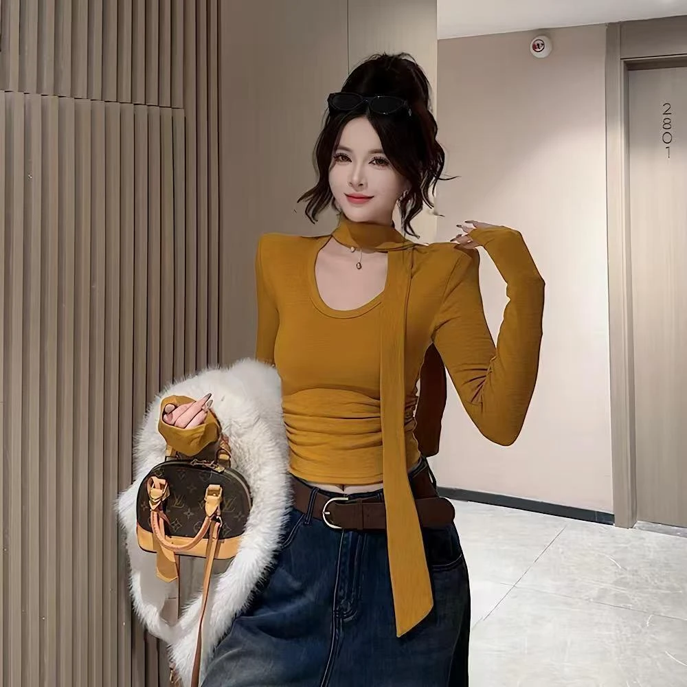 纯欲风辣妹飘带长袖T恤女2025秋冬新款设计感显瘦磨毛加绒打底衫