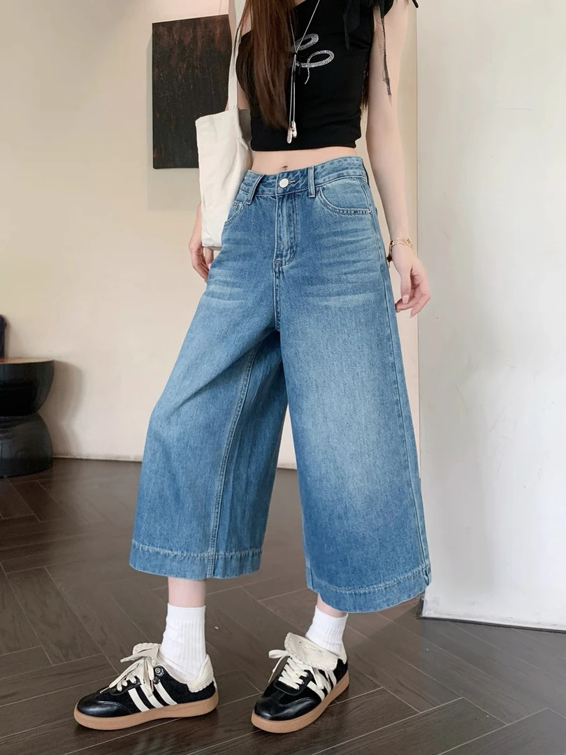 【17307】仟#高腰直筒宽松七分牛仔裤