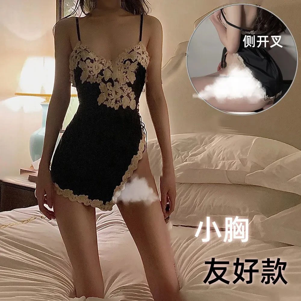 新品新款收腰低胸显瘦黑性感纯欲风睡裙修身ins时尚o女大睡衣碎花