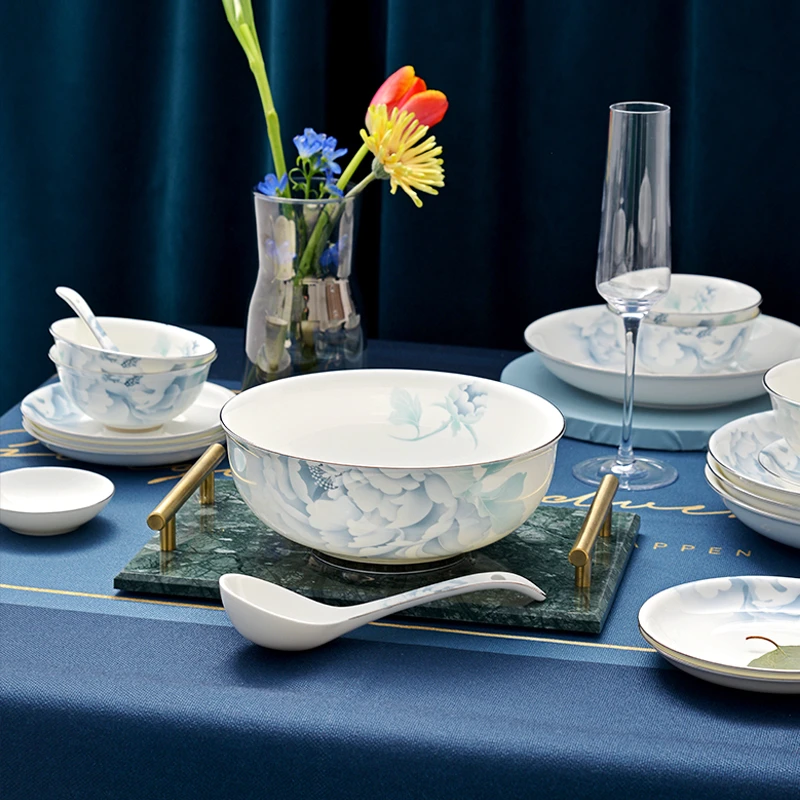 华光景瓷 骨瓷碗碟套装餐具 釉中彩中式礼盒乔迁送礼灰牡丹