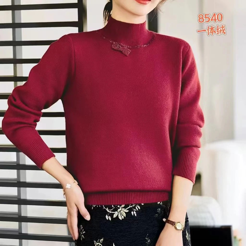 冬季新款半高领带钻蝴蝶结设计打底加绒毛衣8540