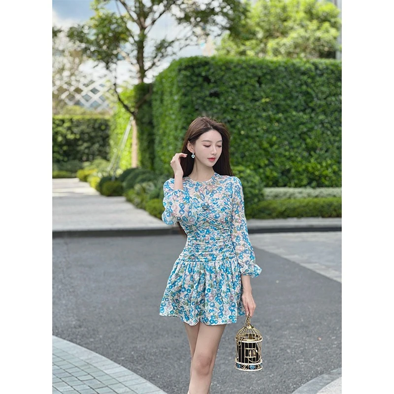 Rose Owner 5折粉丝福利～蔚蓝魅影进口雪纺水花蓝印花长袖连衣裙