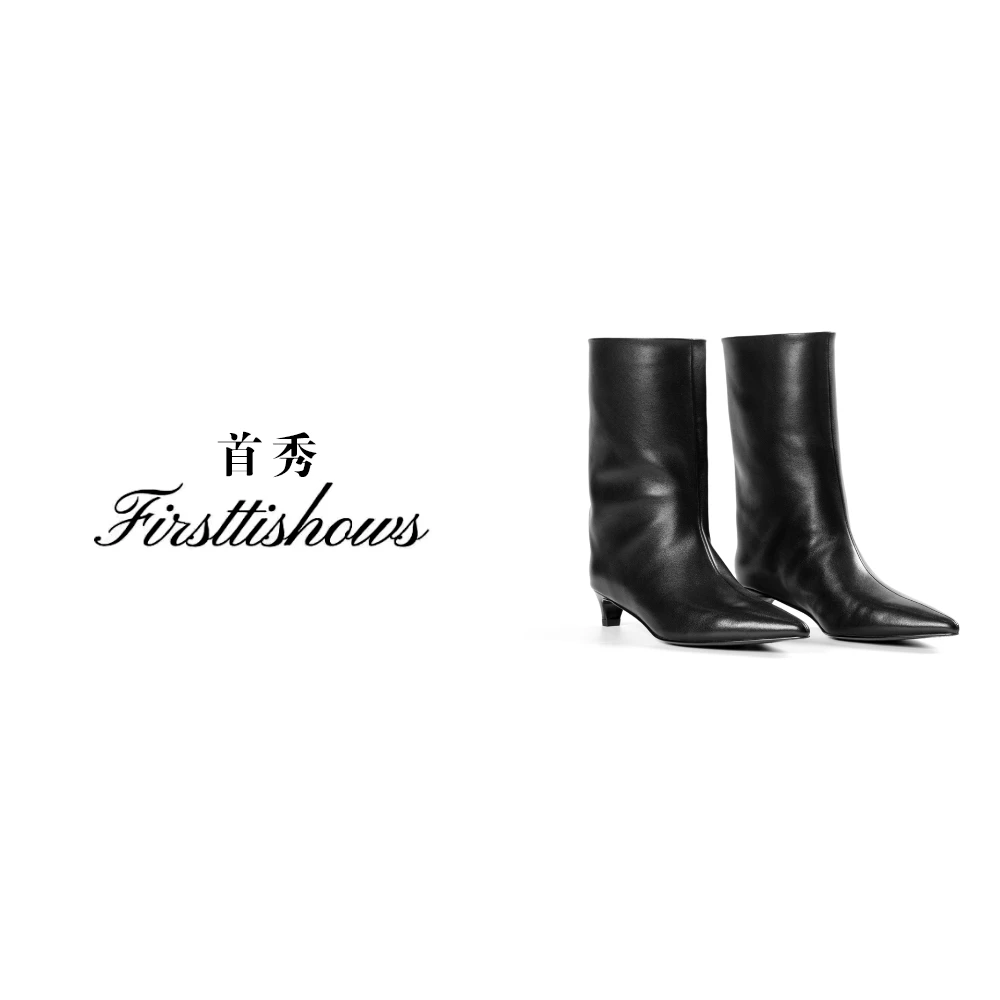 ·国奢中筒胎牛皮尖头猫跟短靴百搭低跟裸靴潮676