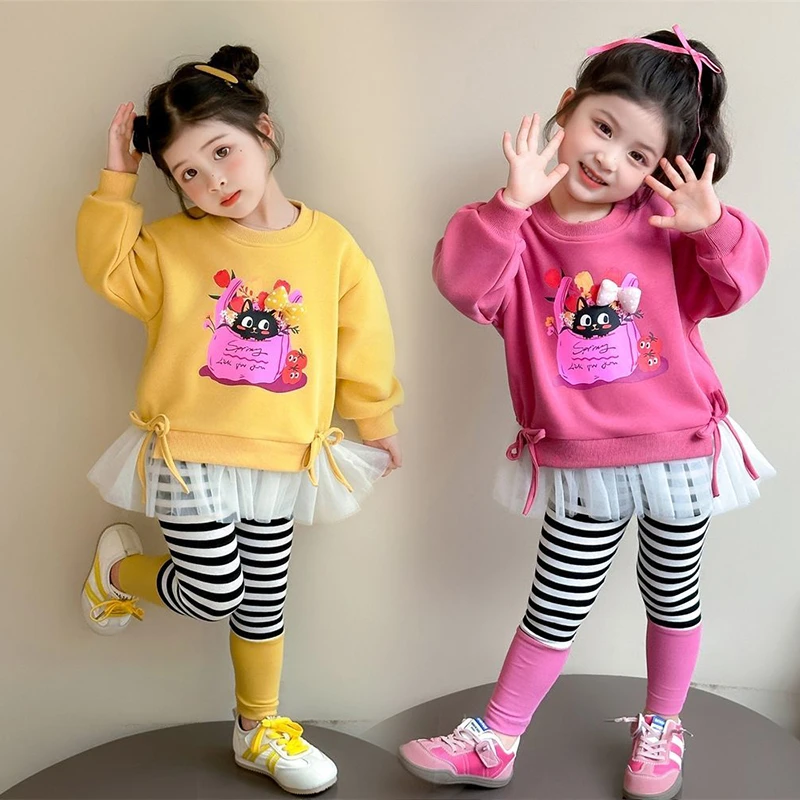 女童春秋潮款套装韩系卡通卫衣条纹打底裤两件套可爱超萌儿童衣服