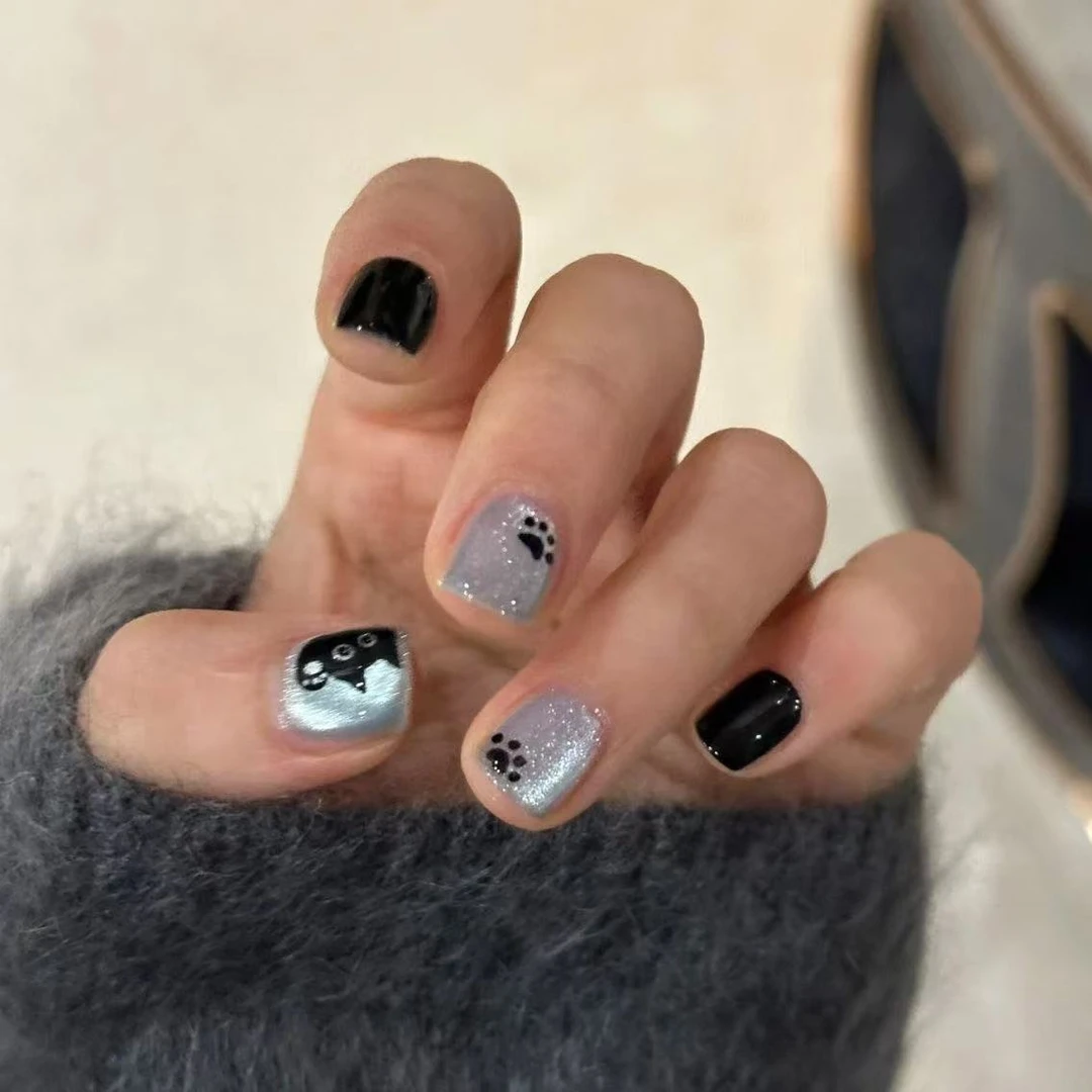 高级感可爱猫爪蓝色款式猫眼短款手工美甲穿戴甲附近纯手工秋冬
