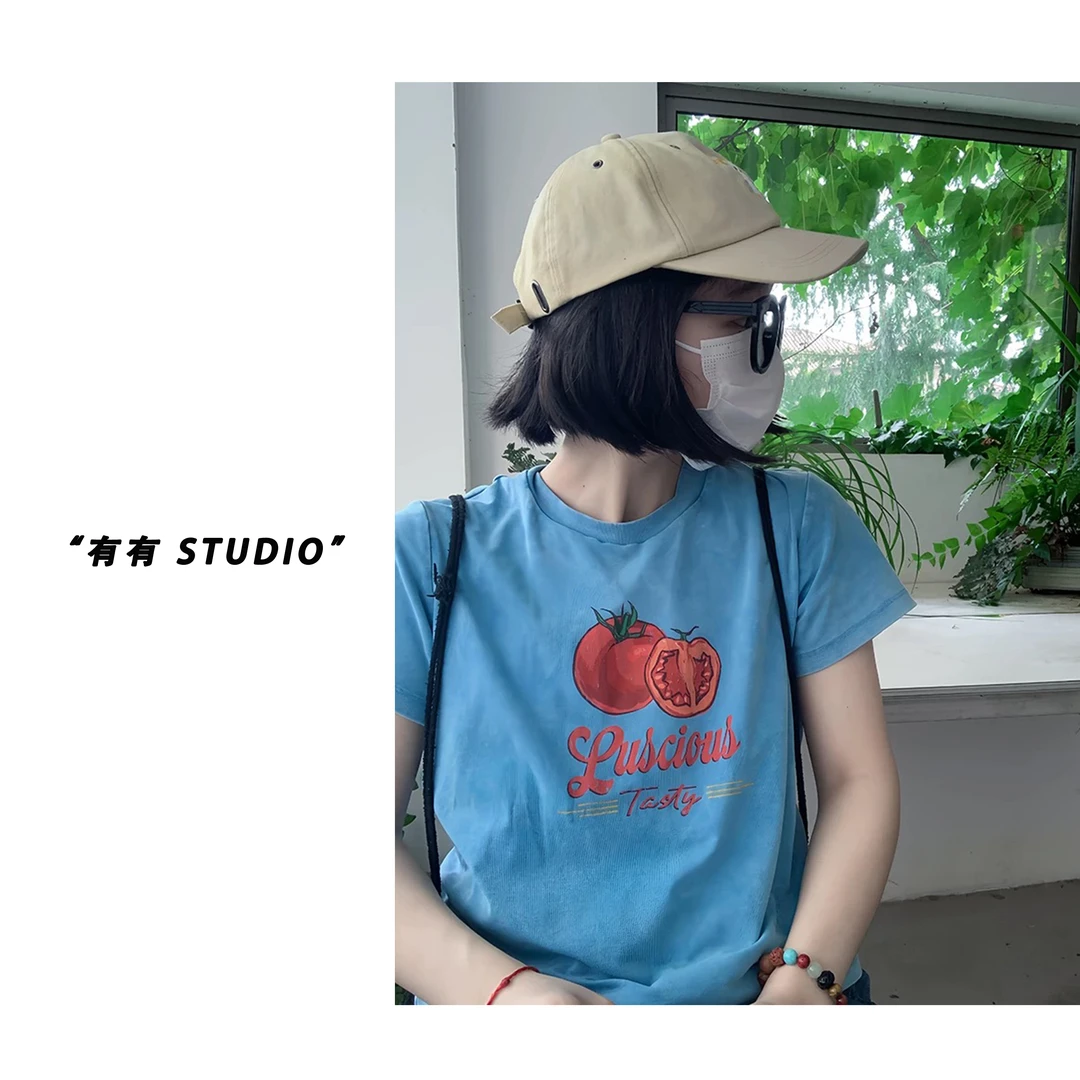 「番茄炒色T」韩系！夏季25新款做旧西红柿团印花圆领女士短袖T恤衫