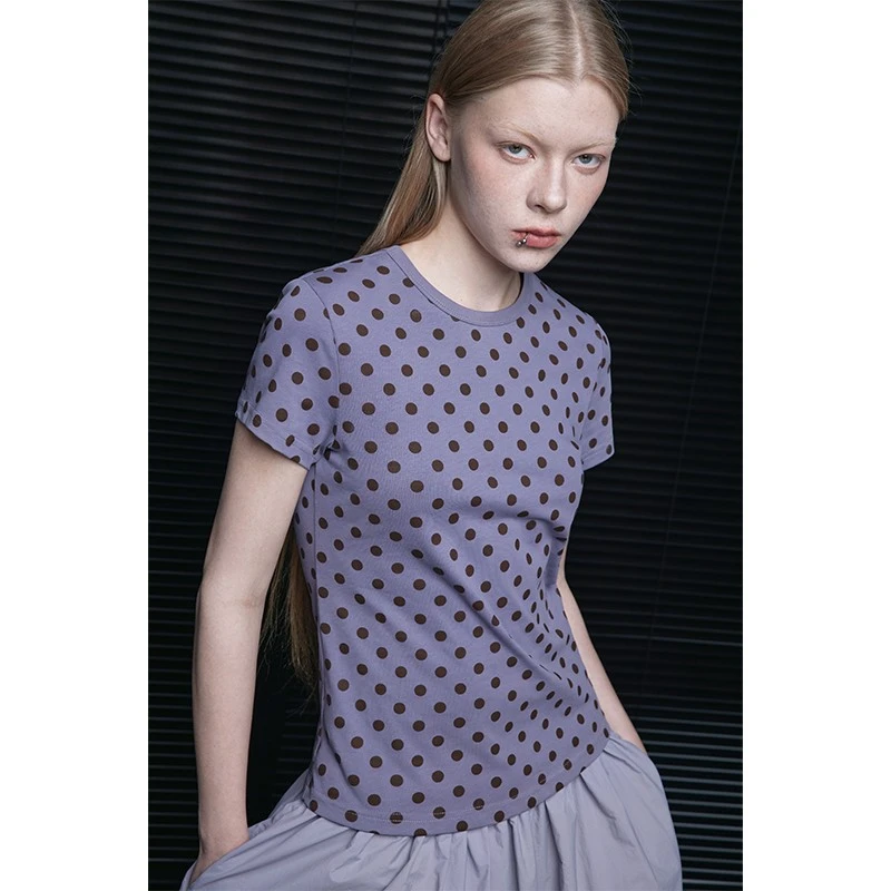 moment紫色纯棉正肩波点t恤女2025夏季新款圆领短袖慵懒松弛感
