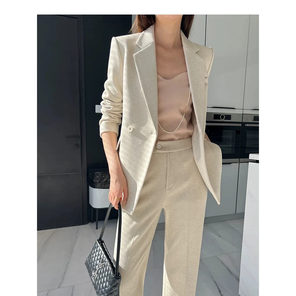 【8558套装-YR】新款休闲西装套装时尚气质杏色毛呢气质套装