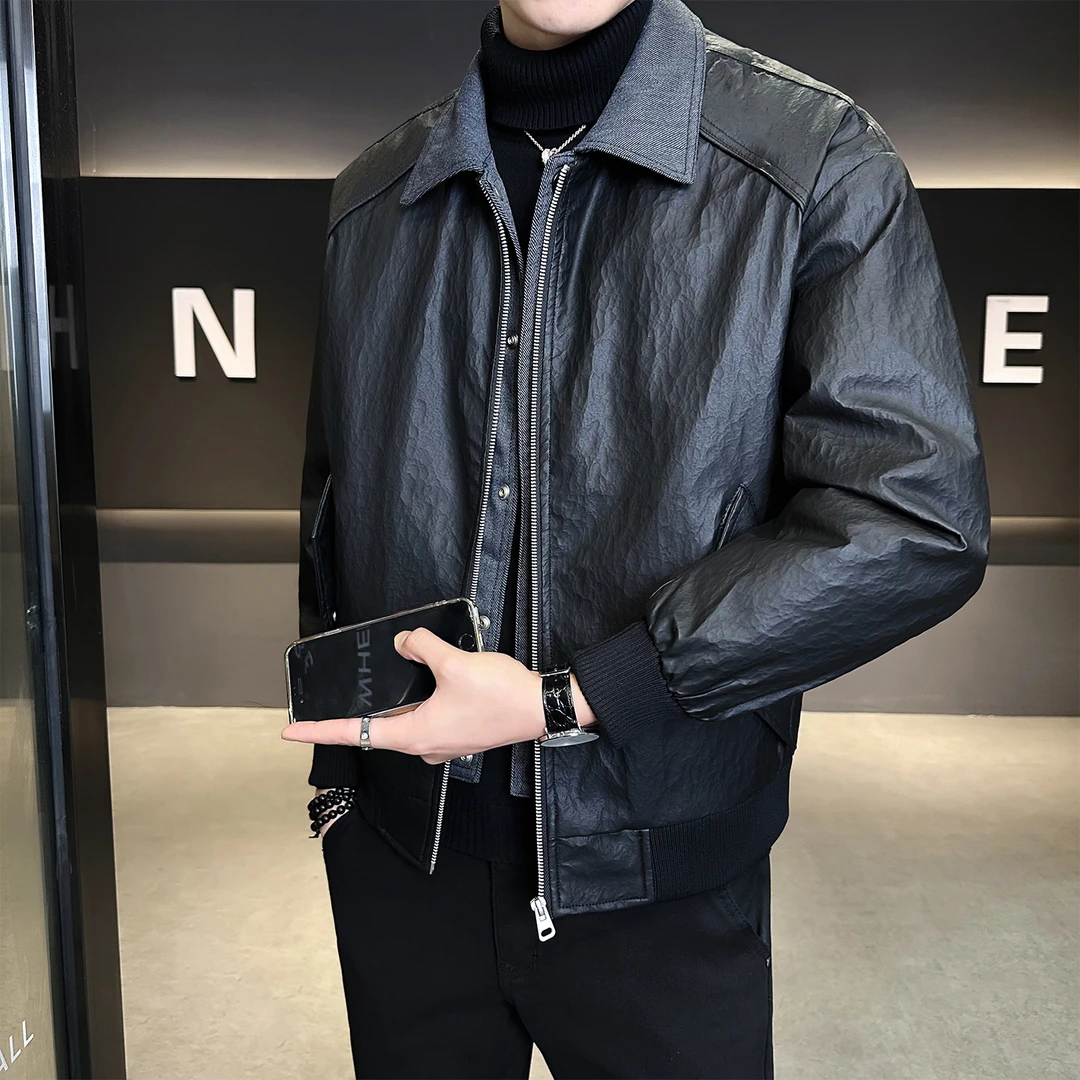 皮羽绒服男翻领假两件2025新款冬季潮流百搭轻薄款保暖衣服外套男