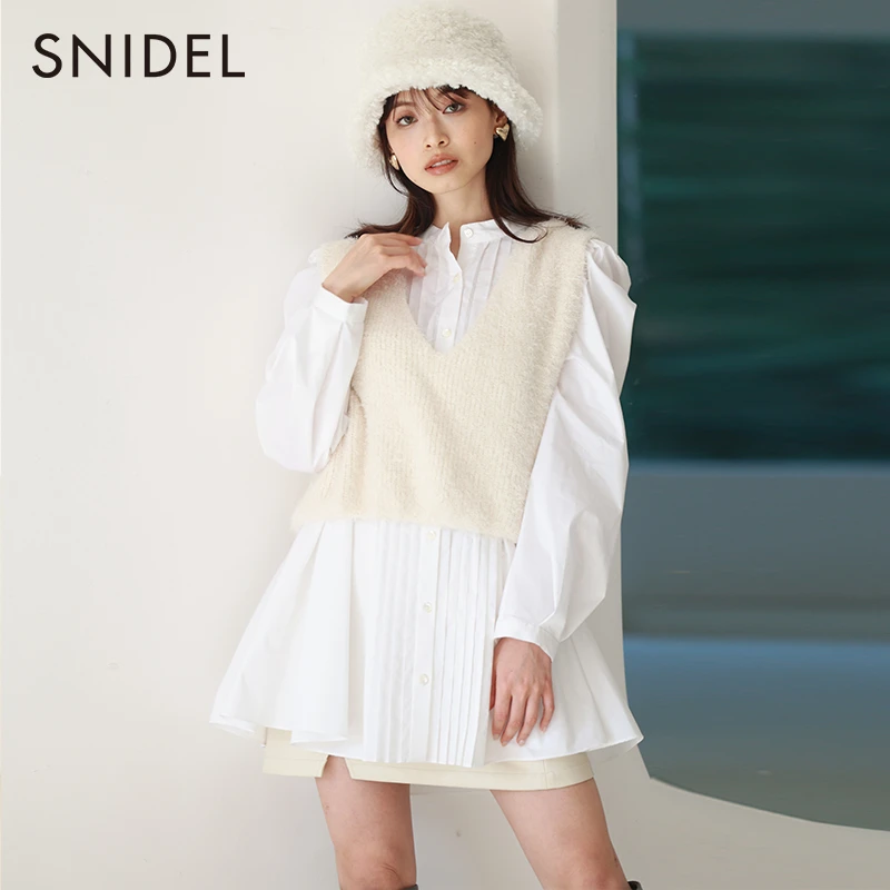 SNIDEL露肩压褶长袖衬衫针织背心套装SWNT234161