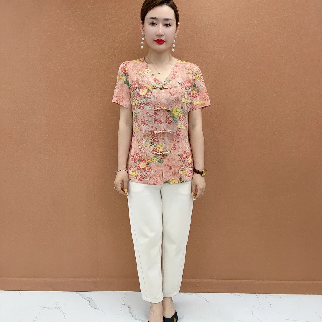 宽松型薄款中国风洋气中老年女装常规富婆风妈妈装短袖