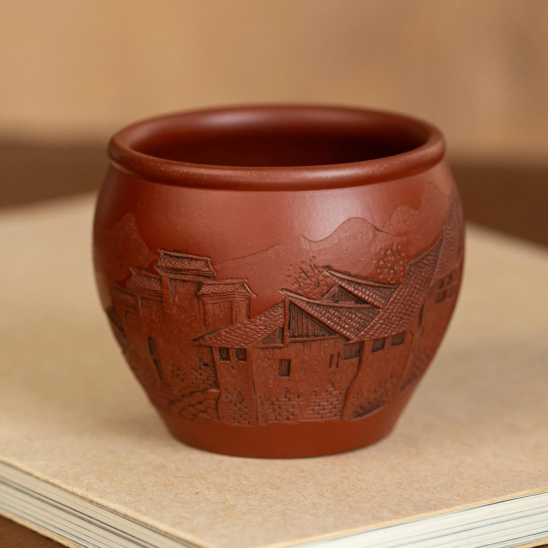 7131 宜兴原矿紫砂 大红袍刻绘江南古韵茶道主人杯 FSY 180cc左右