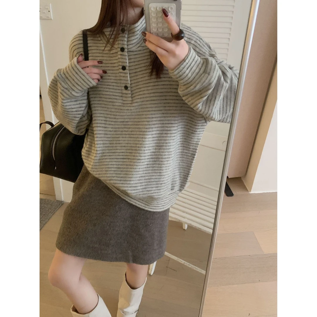 【软糯兔毛绒条纹卫衣】经典条纹半高领软糯兔毛绒卫衣424