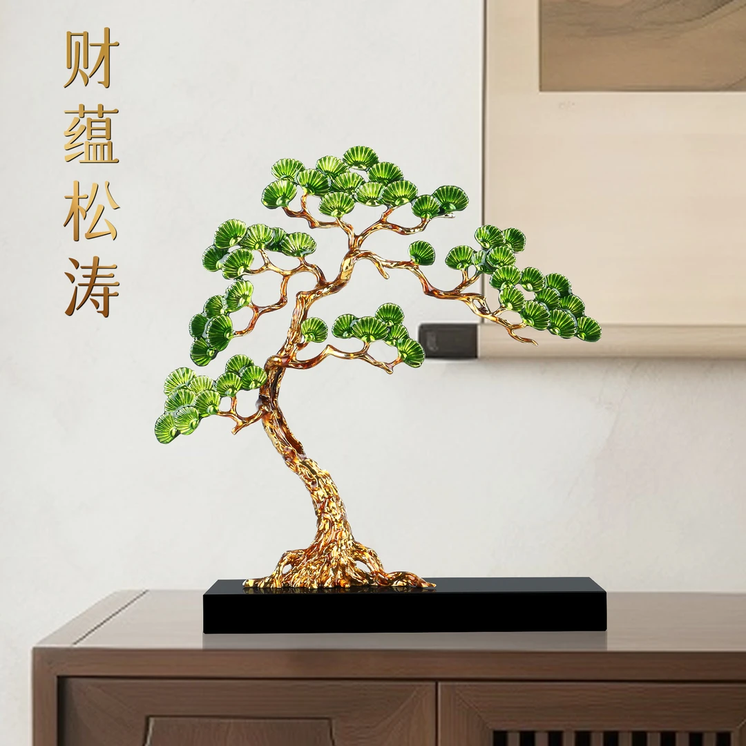 轻奢酒柜摆件迎客松摆件高档办公室玄关珐琅彩工艺品乔迁开业礼物