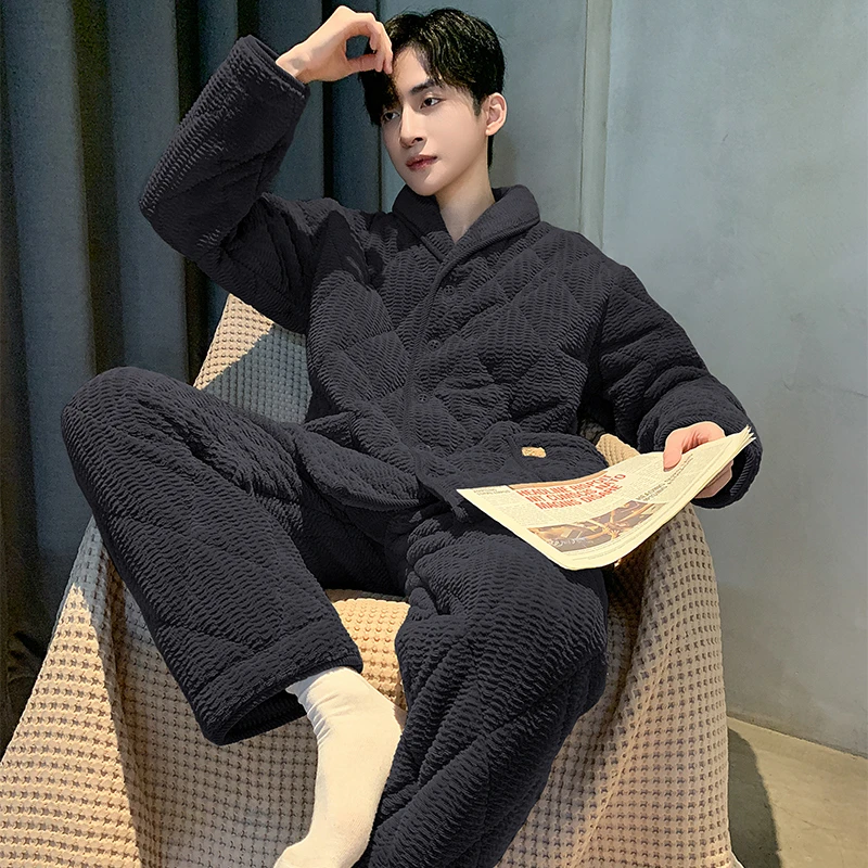 猫人睡衣男士冬季冬天三层加厚夹棉袄加绒珊瑚绒冬款男大码家居服