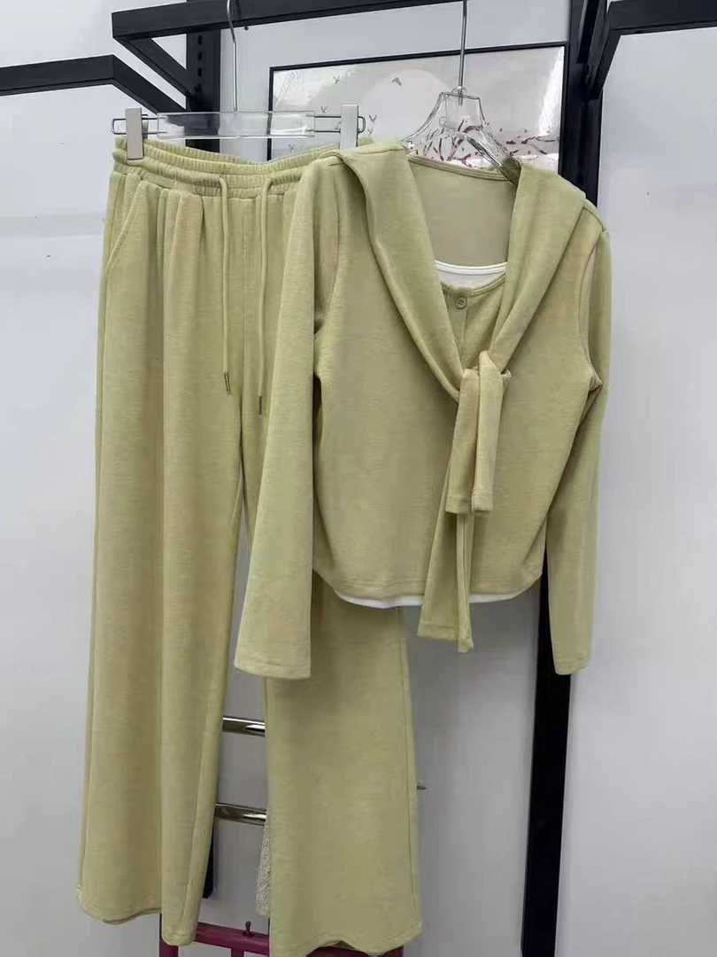 【苏苏精选】607假两件上衣披肩阔腿裤三件套女春新品洋气显瘦套装