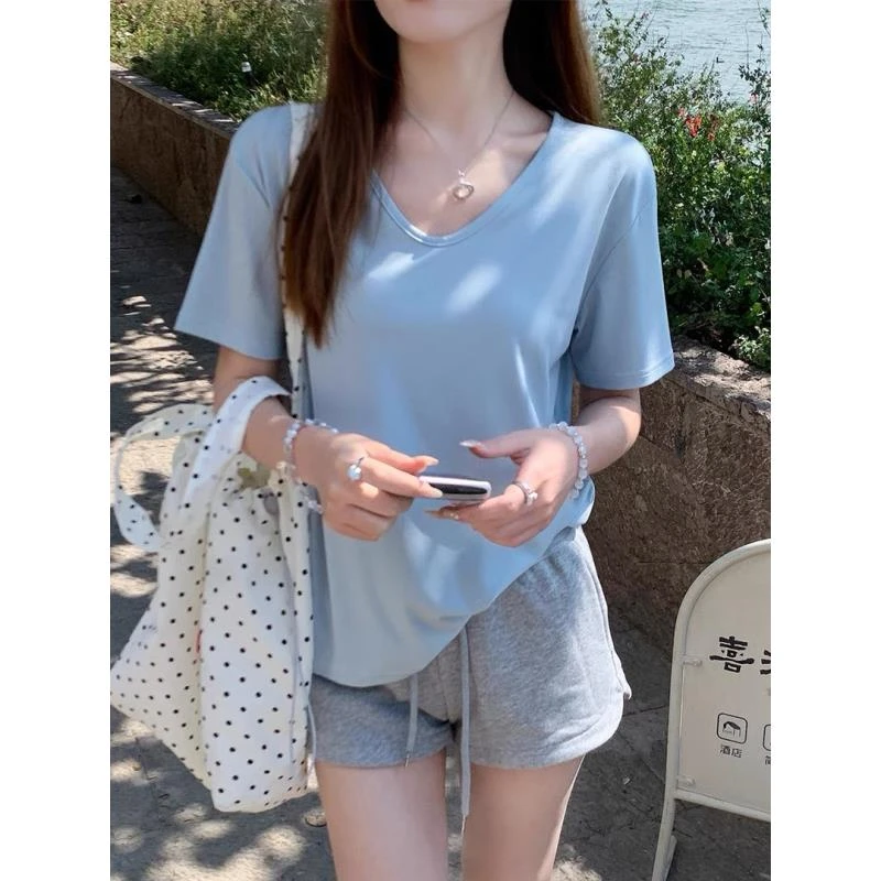 纯欲风夏季网红短袖白色大领口时尚V领t恤正肩夏宽松显瘦内搭女潮