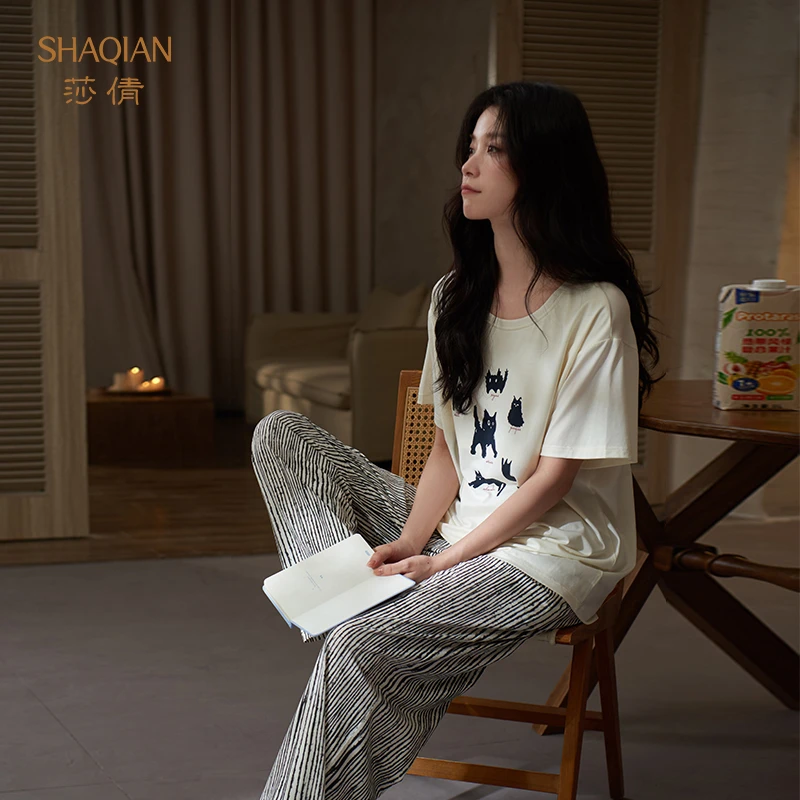 莎倩夏季短袖带胸垫睡衣女2025年新款凉感莫代尔棉长裤外穿家居服