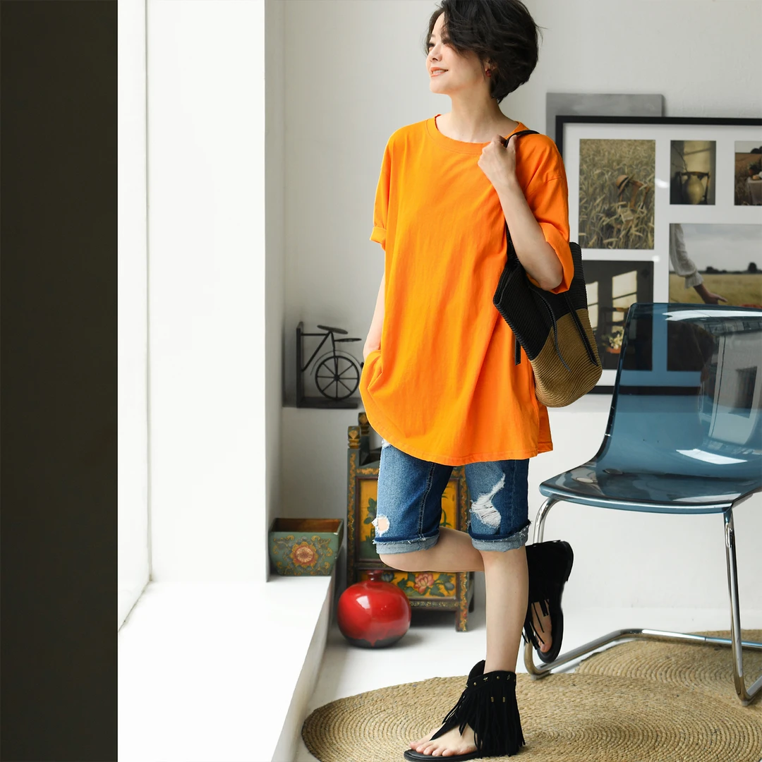 换季T71200 文艺多色磨破圆领短袖宽松纯棉中长款大T恤女夏