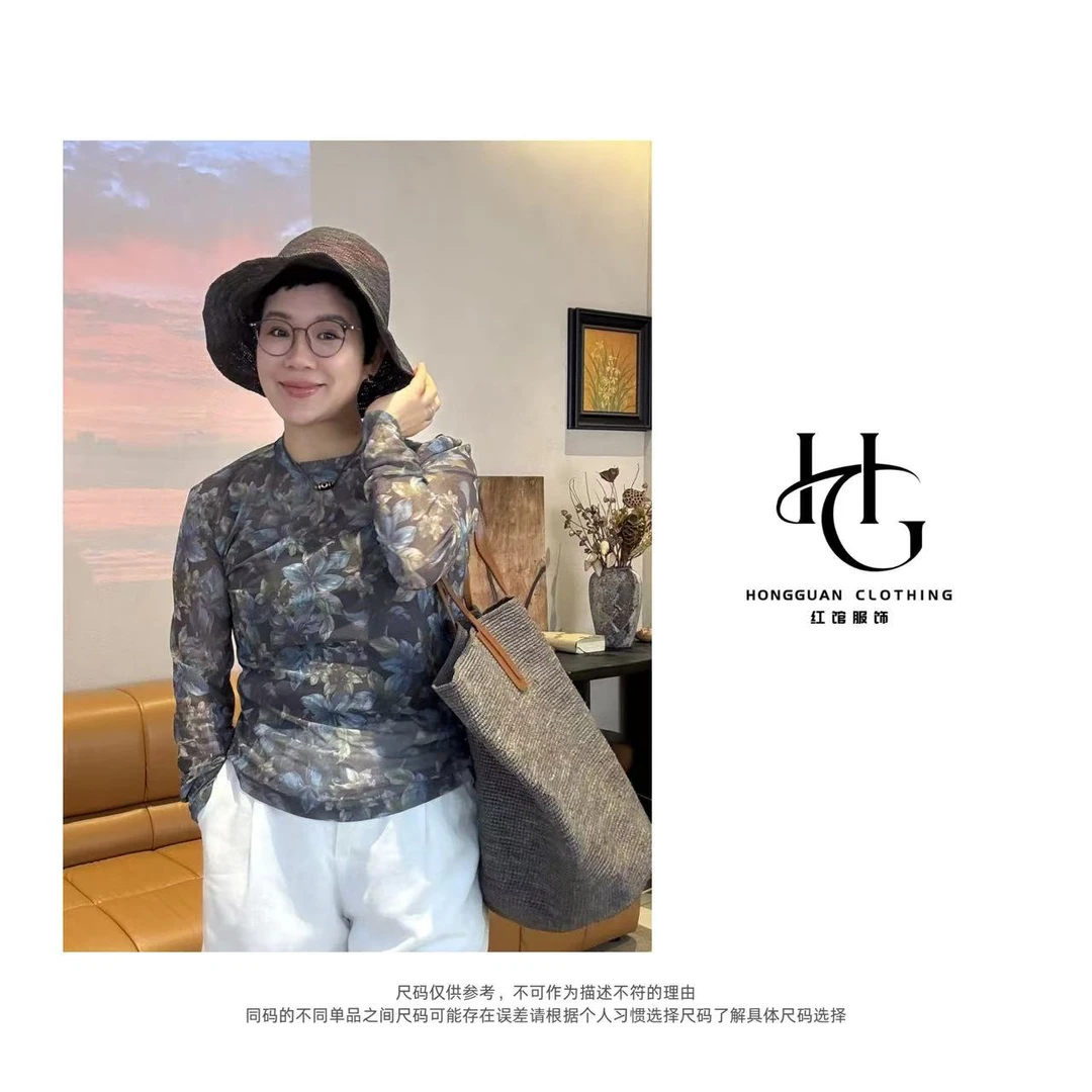 H·G【梦里花】2089  新款时尚百搭气质修身弹力印花蕾丝衬衫