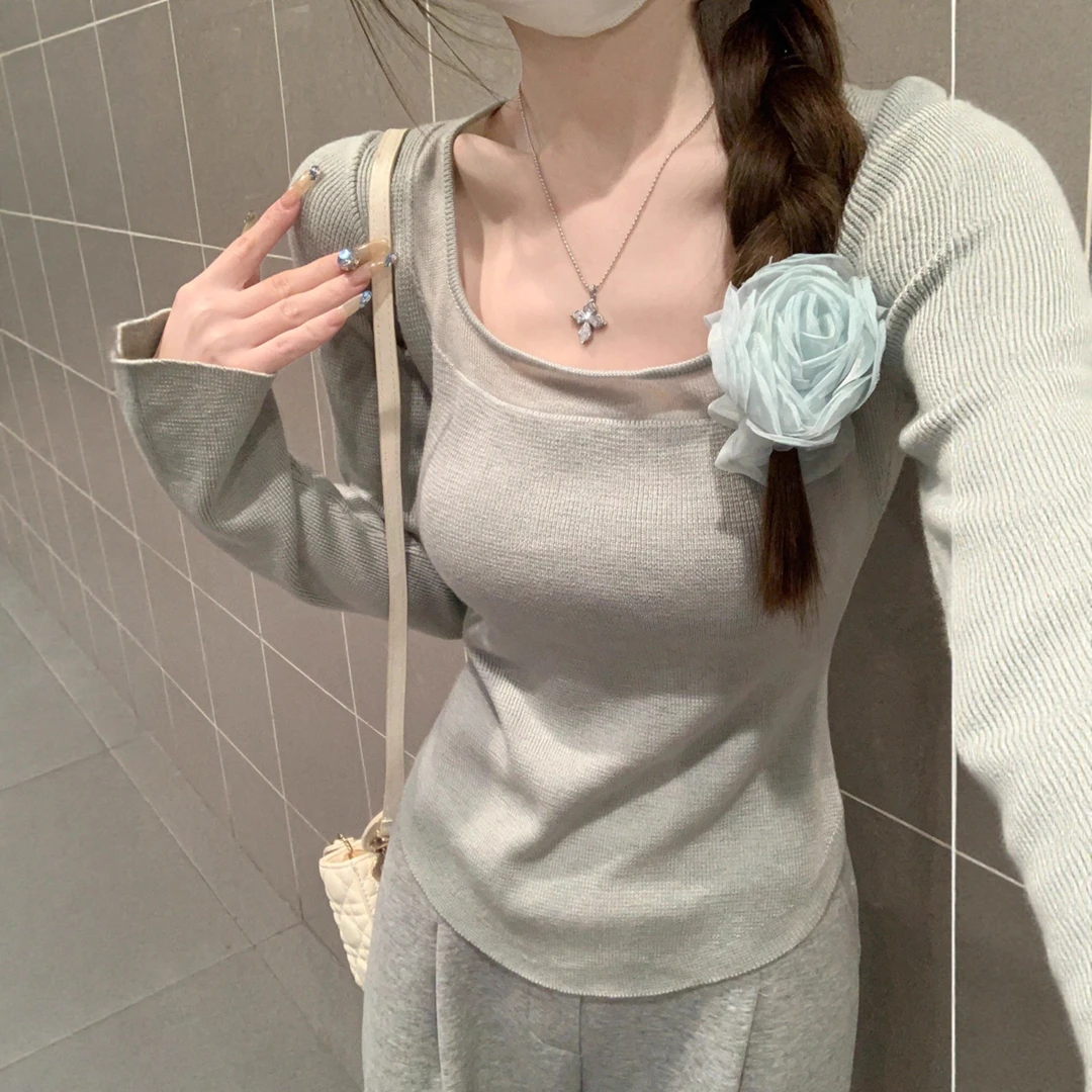 LINQI【纯欲方领打底衫】内搭秋冬新款修身长袖针织衫上衣穿搭纯欲