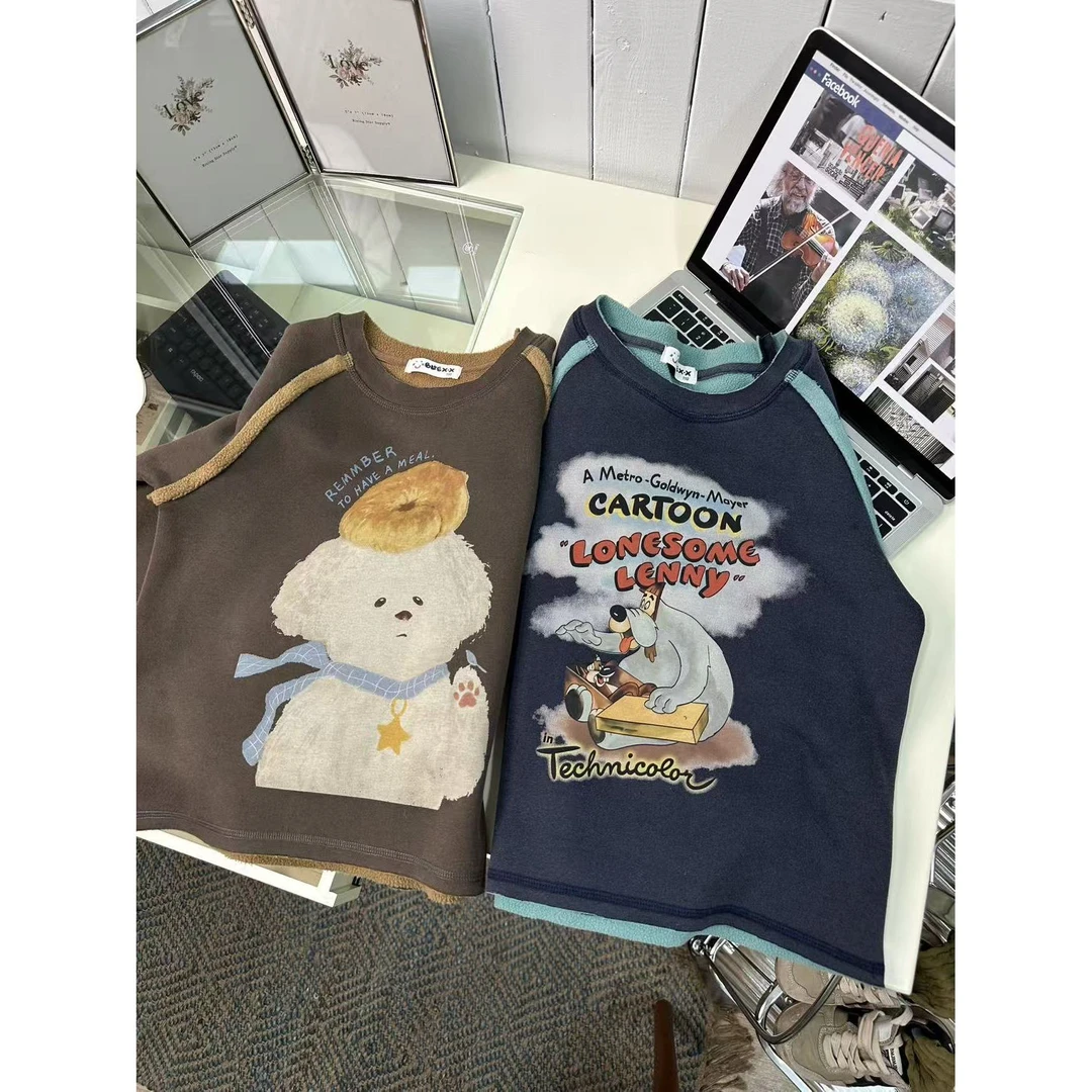 韩国原单科技暖绒一体绒炒色男女童插肩加绒毛边卫衣2025831