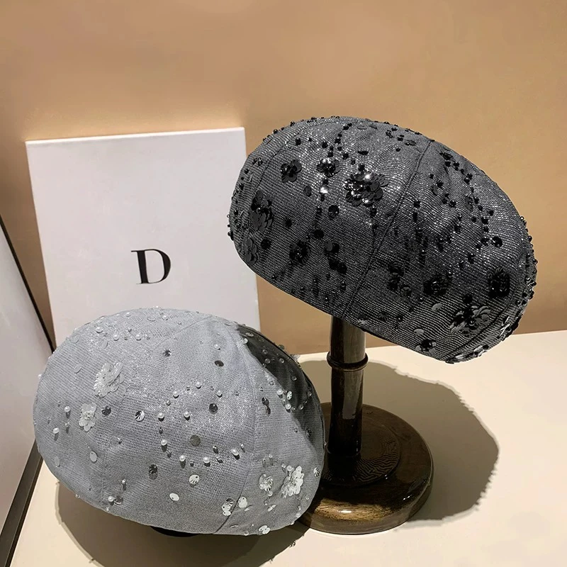 25春秋小众设计师新款贝雷帽女纯手工钉珠立体帽型大码八角南瓜帽