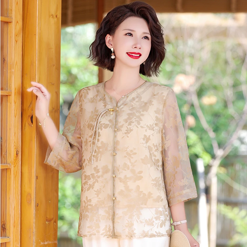 母亲节爆款中式印花妈妈夏装短袖洋气小衫2025新款中老年女装高端