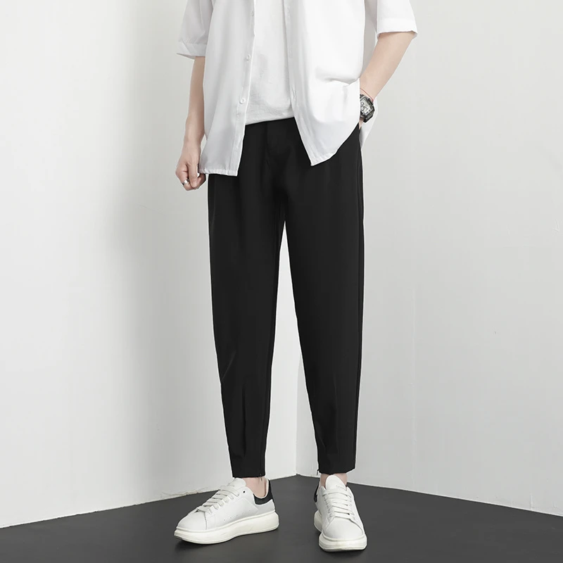 休闲风束脚裤子男生侧边拉链夏季薄款直筒坠感休闲百搭九分小西裤