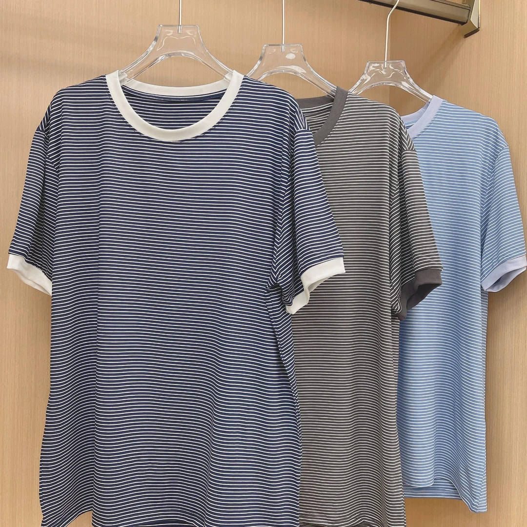 7677#外贸条纹撞色男短袖