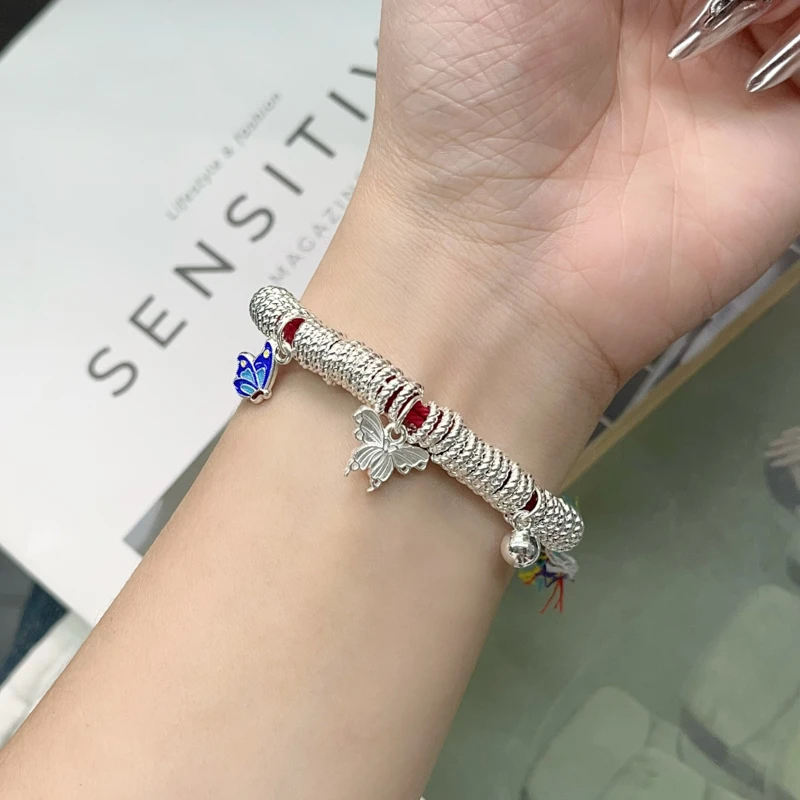 足银手链 女素款蝴蝶盘缠红编织铃铛手环时尚复古百搭新中式手饰