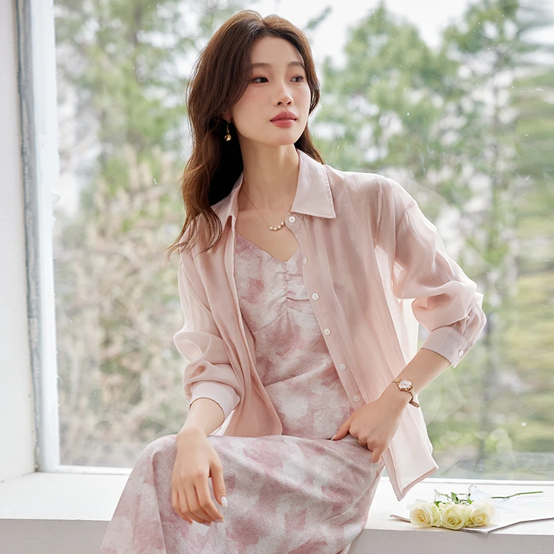 拉夏贝尔天丝防晒衬衫女2025年夏季新款薄款温柔风粉色百搭空调衫
