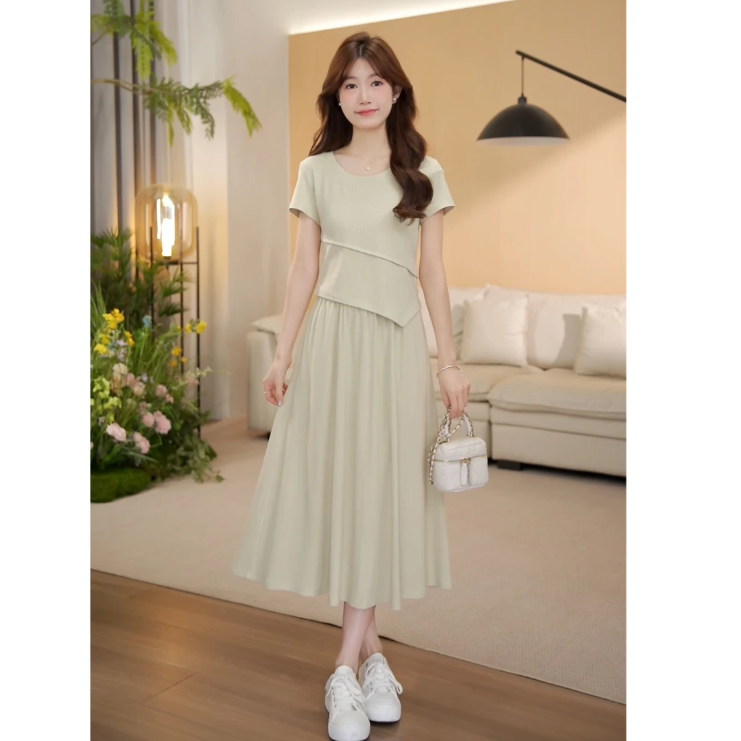 （现货）夏季新款短袖显瘦时尚拼接上衣+半裙套装-2155