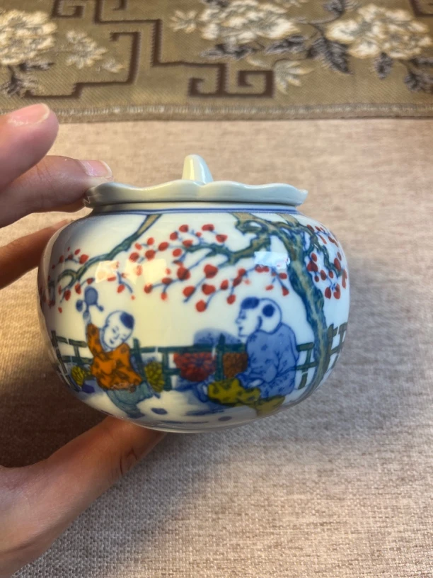 景德镇陶瓷绿稀土手绘童子童趣小茶叶罐陶瓷茶叶罐手绘茶叶小罐子