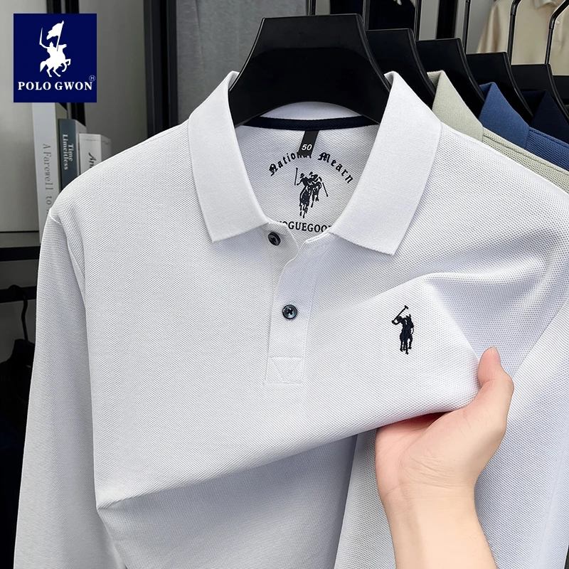 POLOGWON/保罗男士纯棉POLO衫春秋季商务休闲翻领刺绣长袖t恤男款