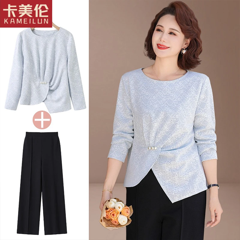 50岁妈妈秋装2025新款早秋长袖上衣高贵中老年女端庄大气春秋套装