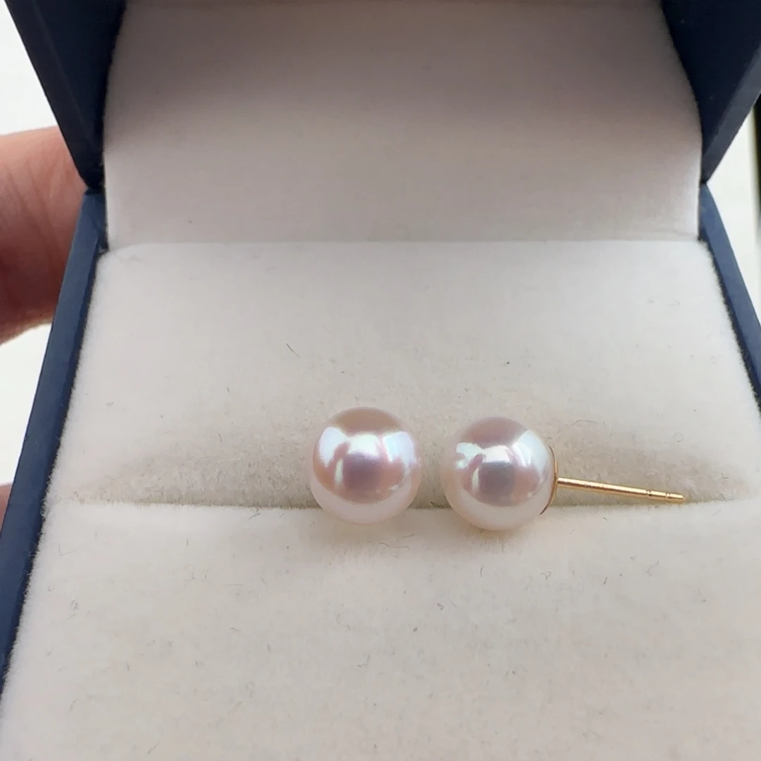 海水珍珠18K金镶嵌耳饰Akoya海水珍珠素钉6.5-7无瑕疵