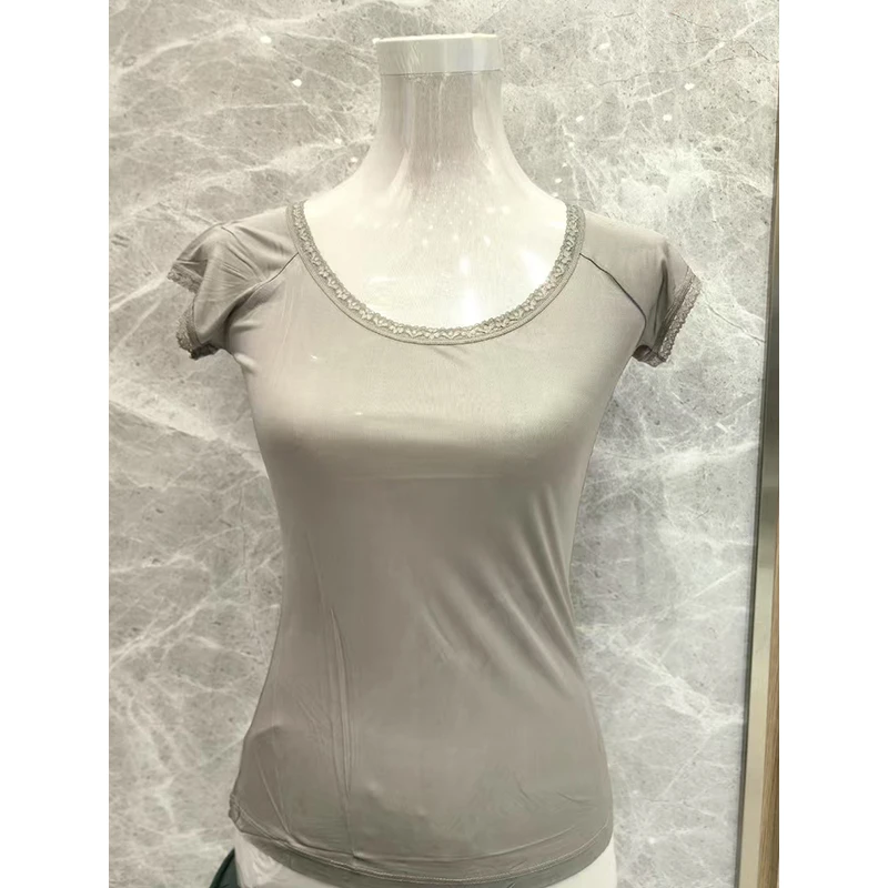 桑蚕丝圆领蕾丝边短袖修身T